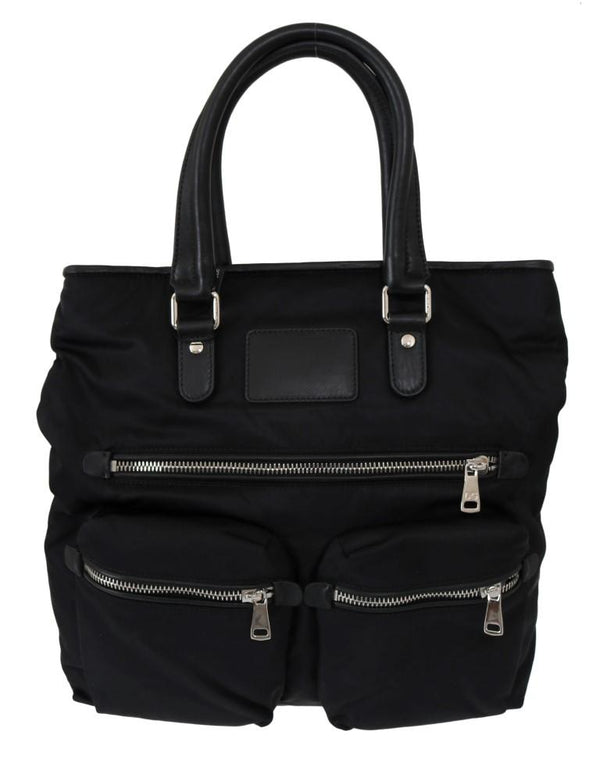 Black Leather Shopping Tote Bag