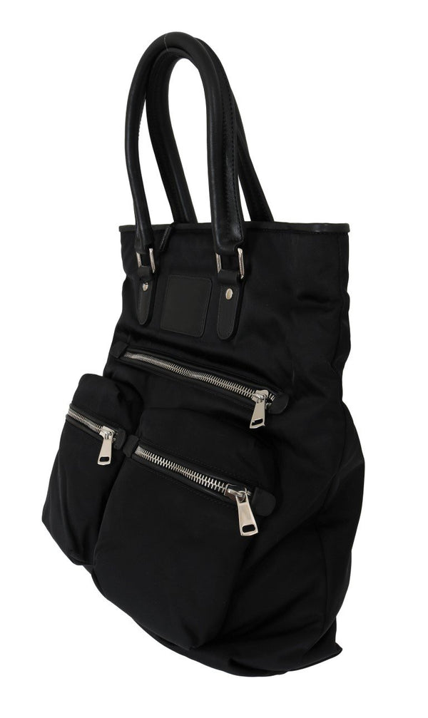 Black Leather Shopping Tote Bag