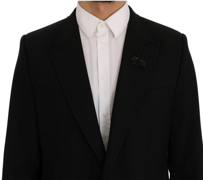 Black Wool Stretch Crystal Bee Blazer Jacket