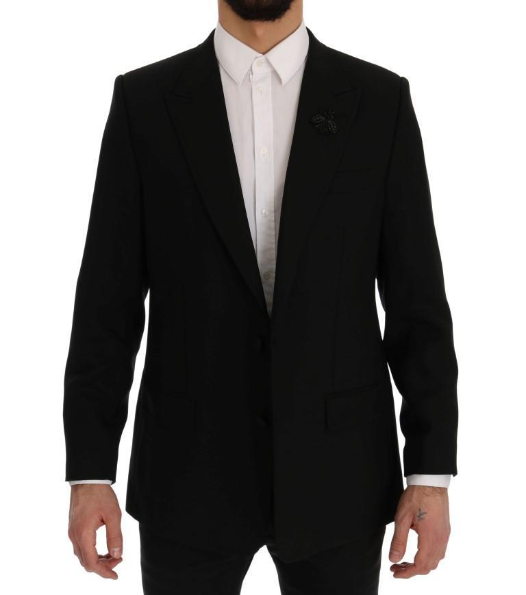 Black Wool Stretch Crystal Bee Blazer Jacket