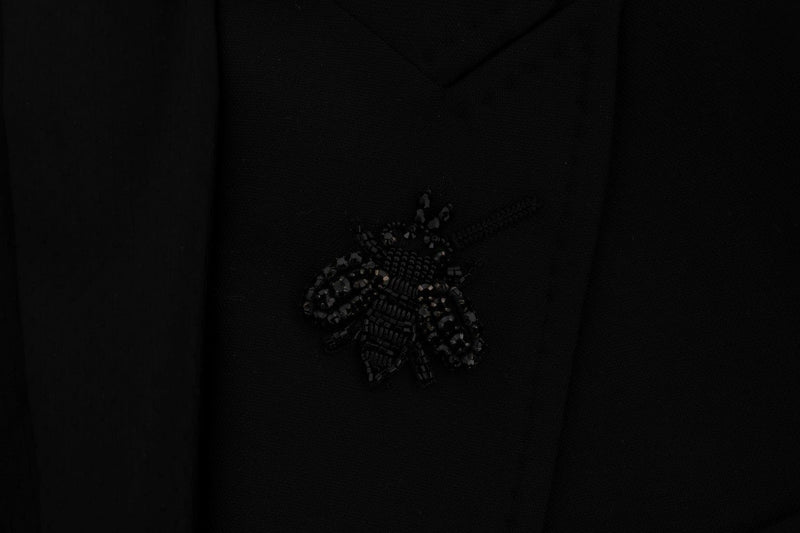 Black Wool Stretch Crystal Bee Blazer Jacket