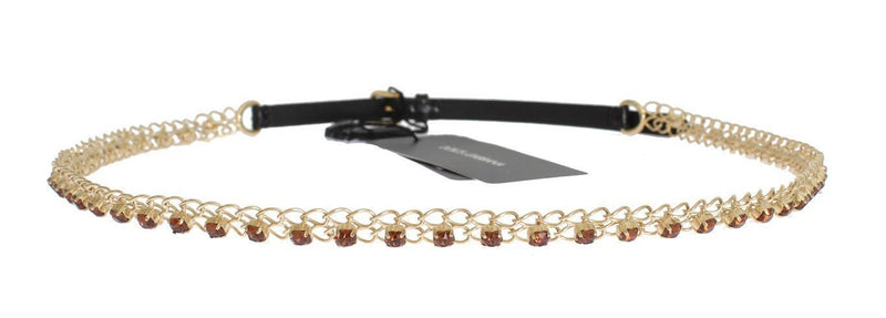 Black Leather Crystal Gold Chain Belt