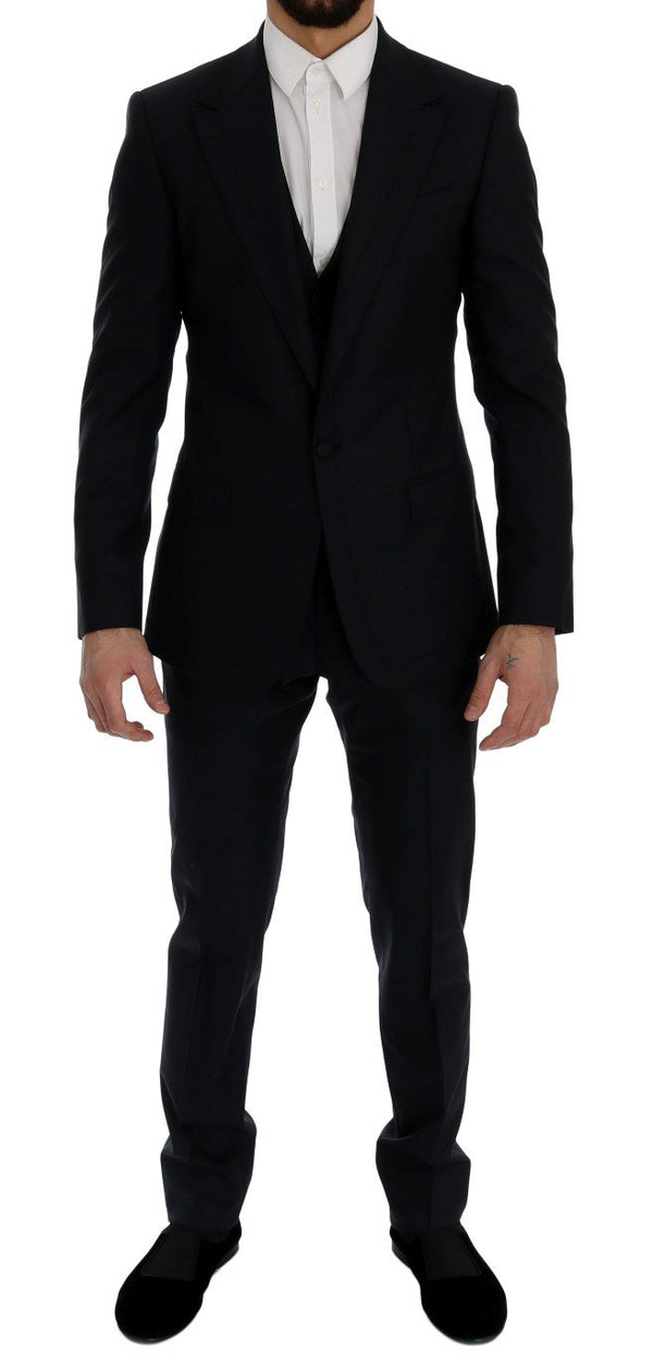 Blue Wool Silk Slim Fit 3 Piece Suit