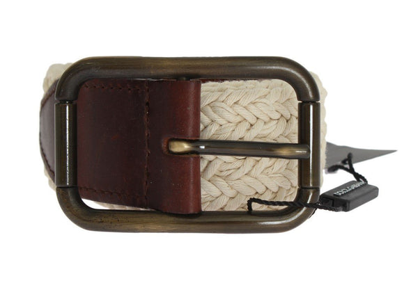 Beige Brown Leather Cotton Woven Belt