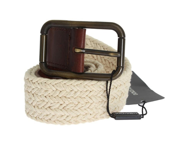 Beige Brown Leather Cotton Woven Belt