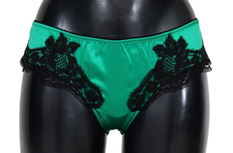 Green Silk Black Floral Lace Underwear Bottoms