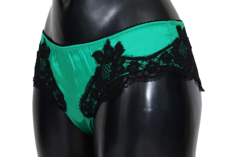 Green Silk Black Floral Lace Underwear Bottoms