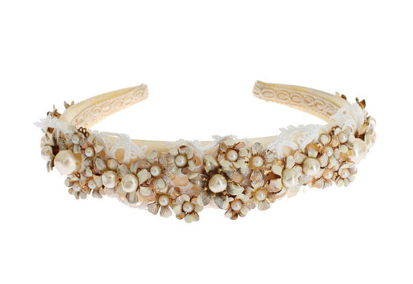 White Beige Silk Floral Lace Crystal Headband Hair Diadem