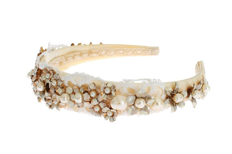 White Beige Silk Floral Lace Crystal Headband Hair Diadem