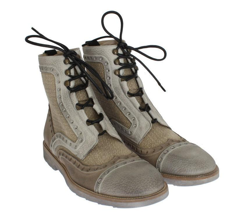 Beige Leather Linen Above Ankle Boots
