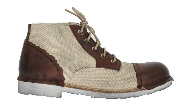 Brown Beige Leather Linen Ankle Boots