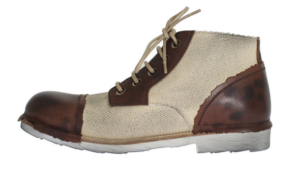 Brown Beige Leather Linen Ankle Boots