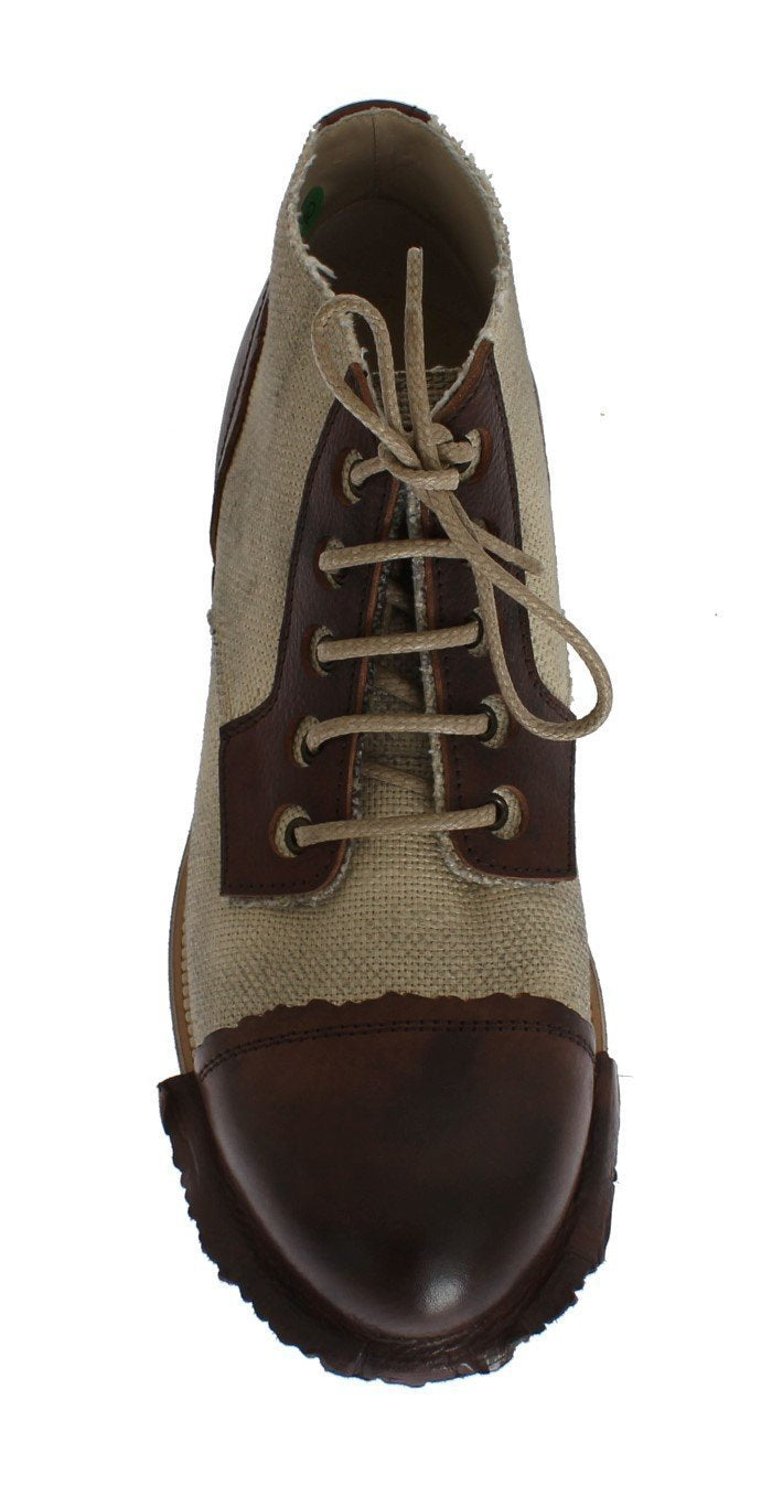 Brown Beige Leather Linen Ankle Boots