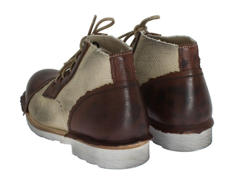 Brown Beige Leather Linen Ankle Boots