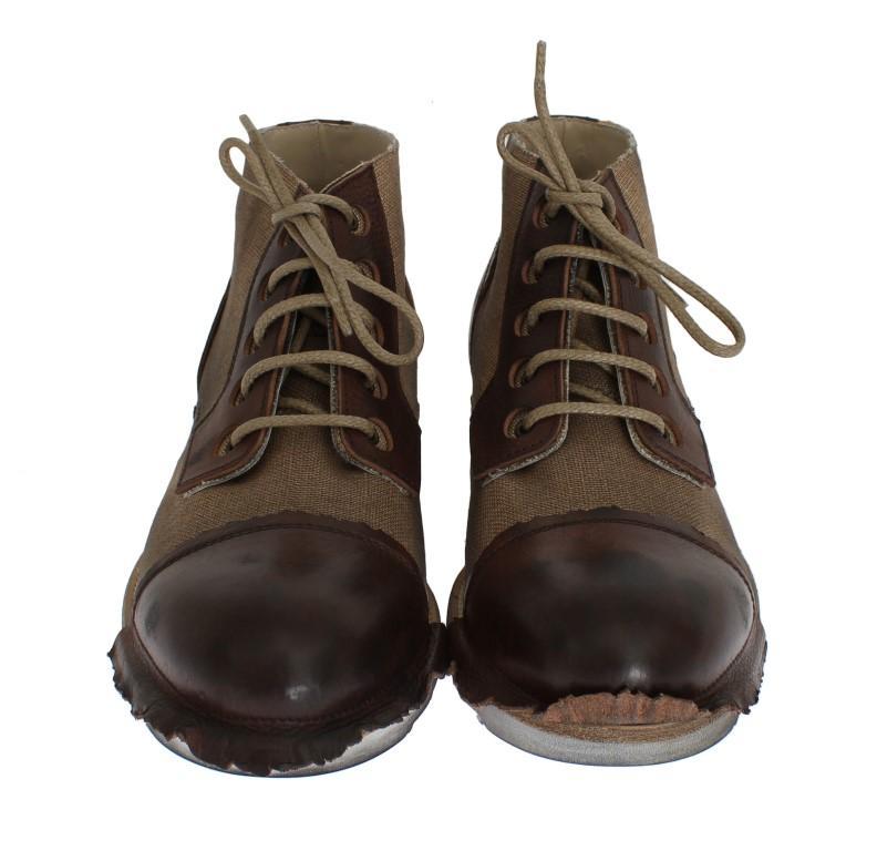 Brown Leather Linen Ankle Boots
