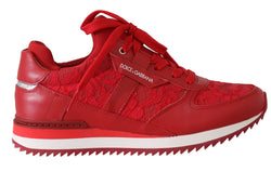 Red Floral Lace Leather Women Sneakers