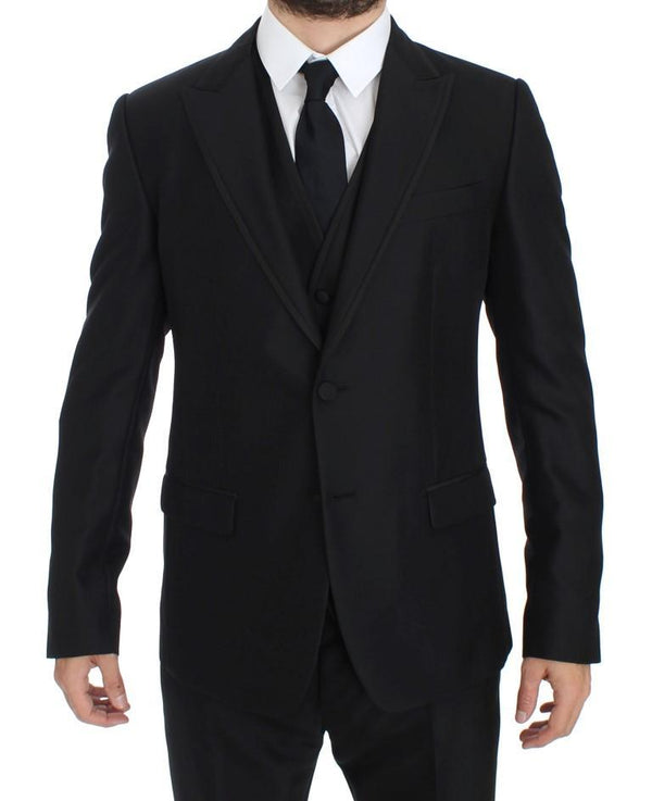 Black Wool Silk Slim 3 Piece Suit Tuxedo