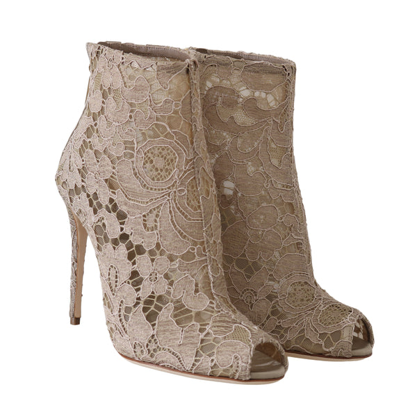 Beige Leather Cotton Lace Booties