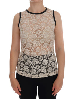 Beige Lace Floral Nylon Cotton Tank Top