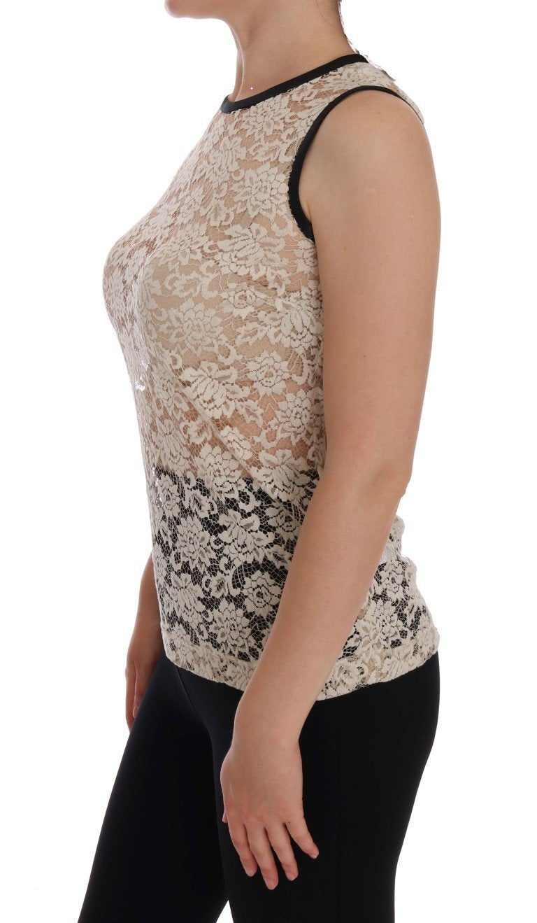 Beige Lace Floral Nylon Cotton Tank Top