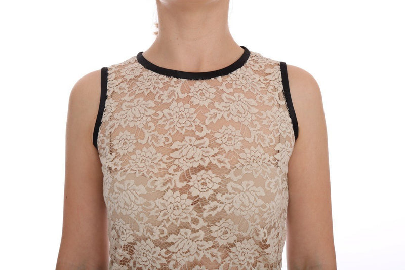 Beige Lace Floral Nylon Cotton Tank Top