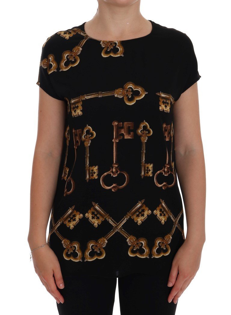 Black Gold Key Print Silk Blouse