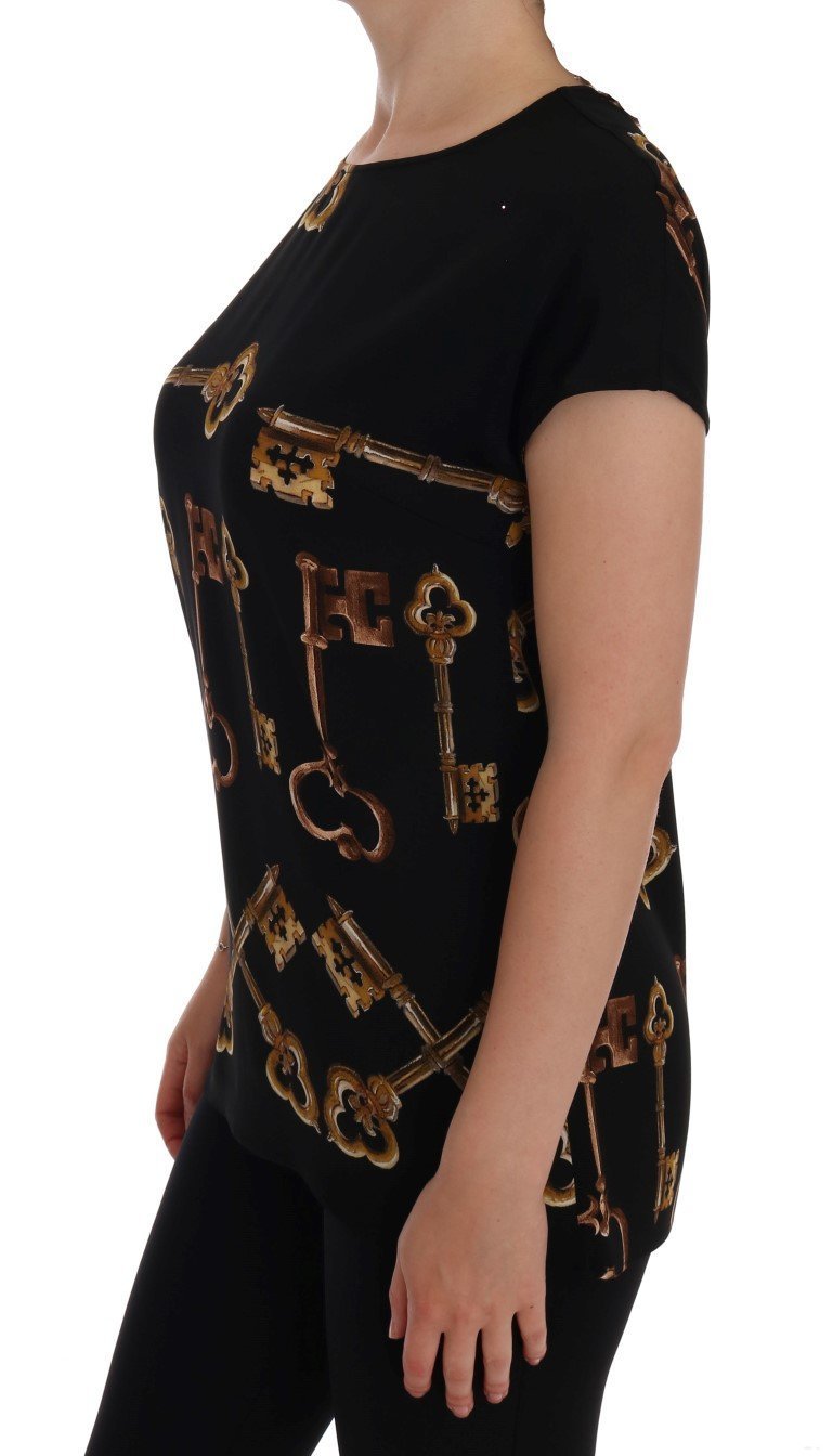 Black Gold Key Print Silk Blouse