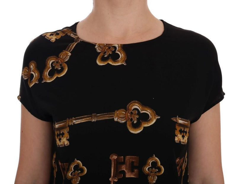 Black Gold Key Print Silk Blouse