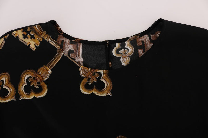 Black Gold Key Print Silk Blouse