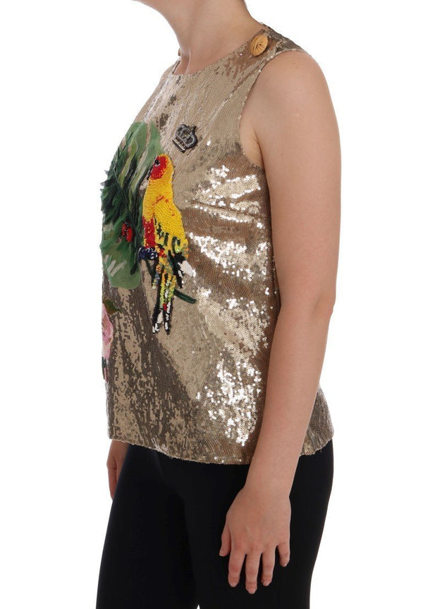Gold Sequined Crystal Parrot Floral T-shirt