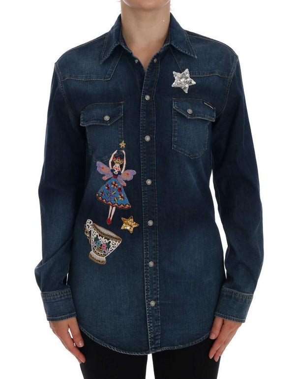 Blue Denim Sequin Stitched Applique Shirt
