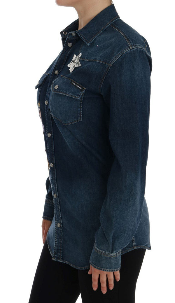 Blue Denim Sequin Stitched Applique Shirt
