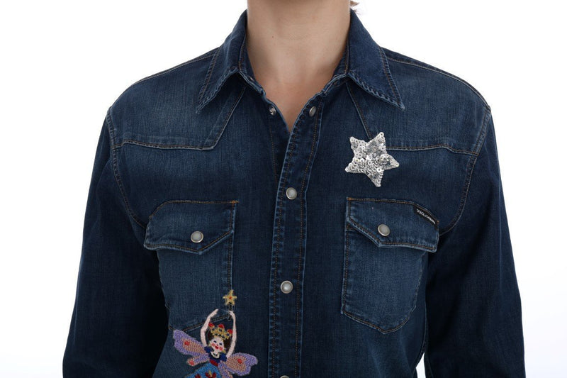 Blue Denim Sequin Stitched Applique Shirt