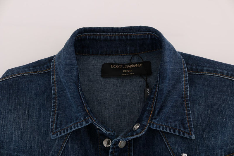 Blue Denim Sequin Stitched Applique Shirt