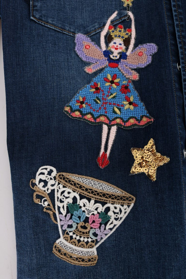 Blue Denim Sequin Stitched Applique Shirt