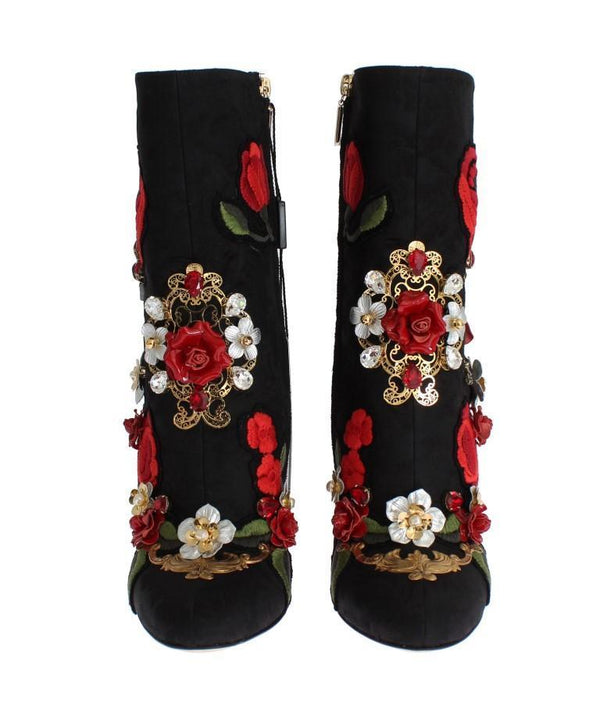 Designer Women's Black Boots Roses Crystal Brocade Heel Boots