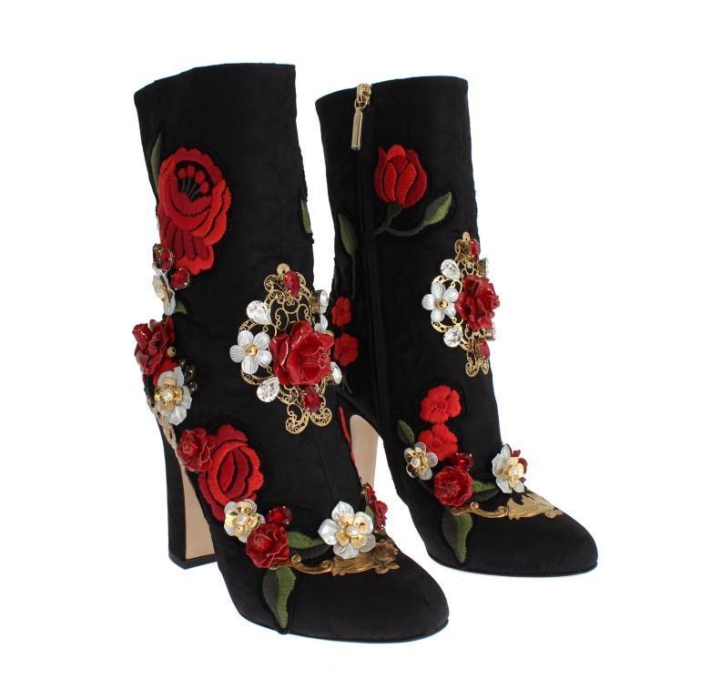 Designer Women's Black Boots Roses Crystal Brocade Heel Boots