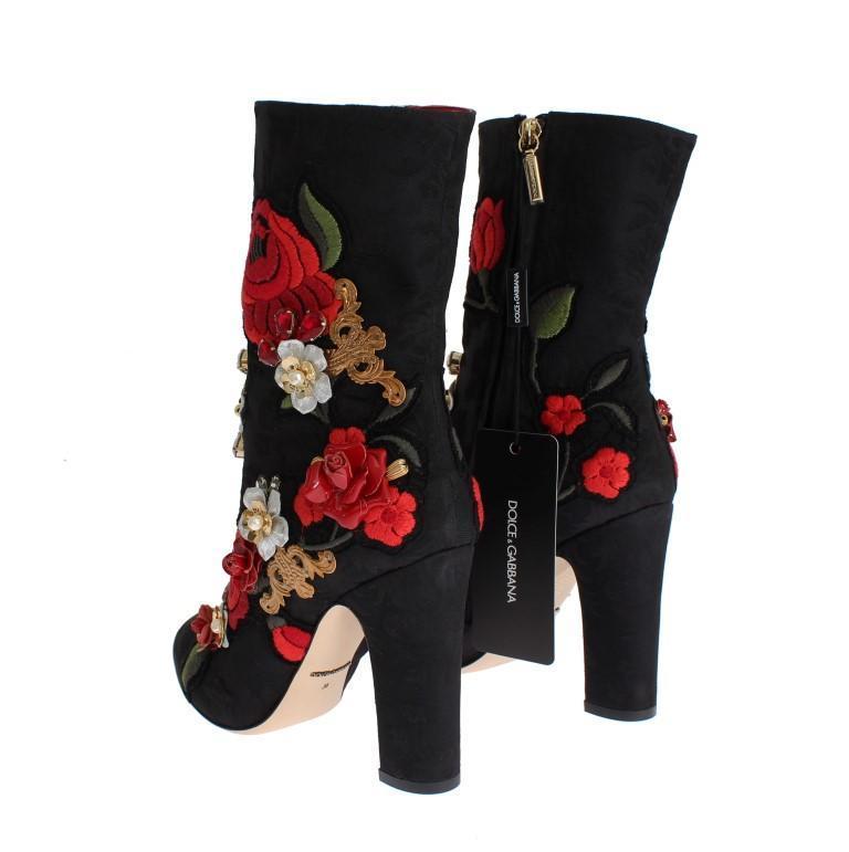 Designer Women's Black Boots Roses Crystal Brocade Heel Boots