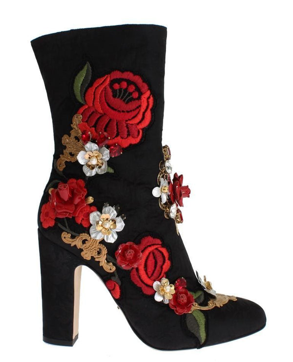 Designer Women's Black Boots Roses Crystal Brocade Heel Boots