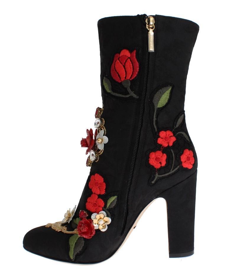 Designer Women's Black Boots Roses Crystal Brocade Heel Boots