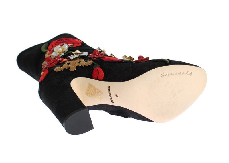 Designer Women's Black Boots Roses Crystal Brocade Heel Boots