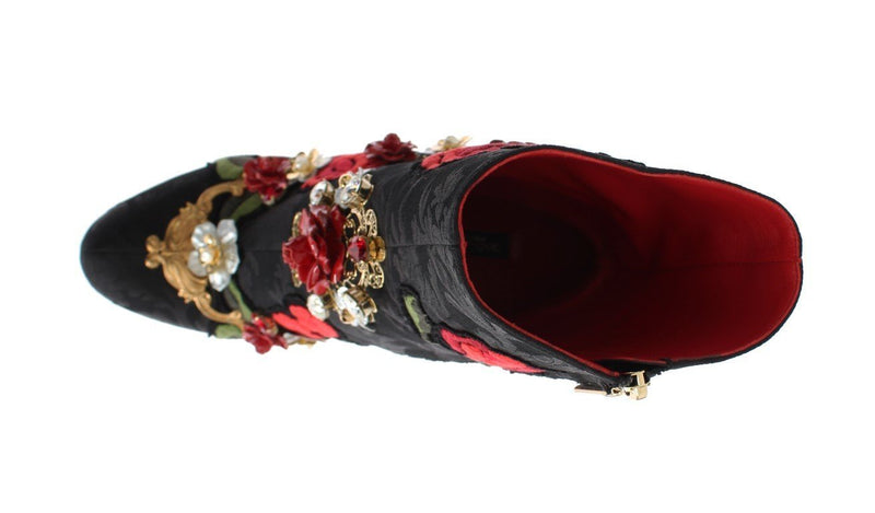 Designer Women's Black Boots Roses Crystal Brocade Heel Boots