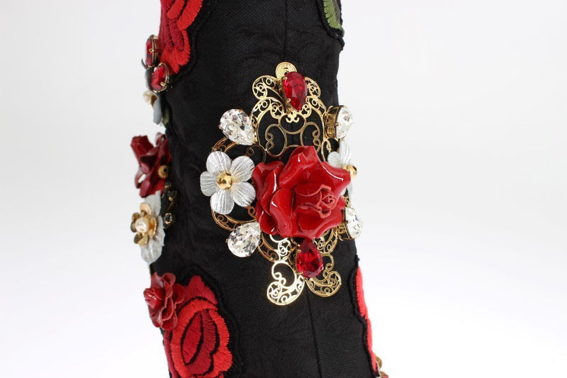 Designer Women's Black Boots Roses Crystal Brocade Heel Boots