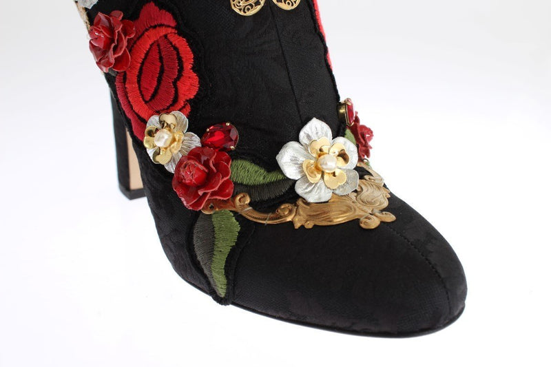 Designer Women's Black Boots Roses Crystal Brocade Heel Boots