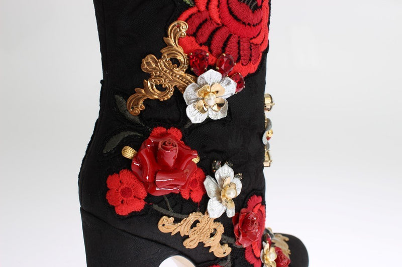 Designer Women's Black Boots Roses Crystal Brocade Heel Boots
