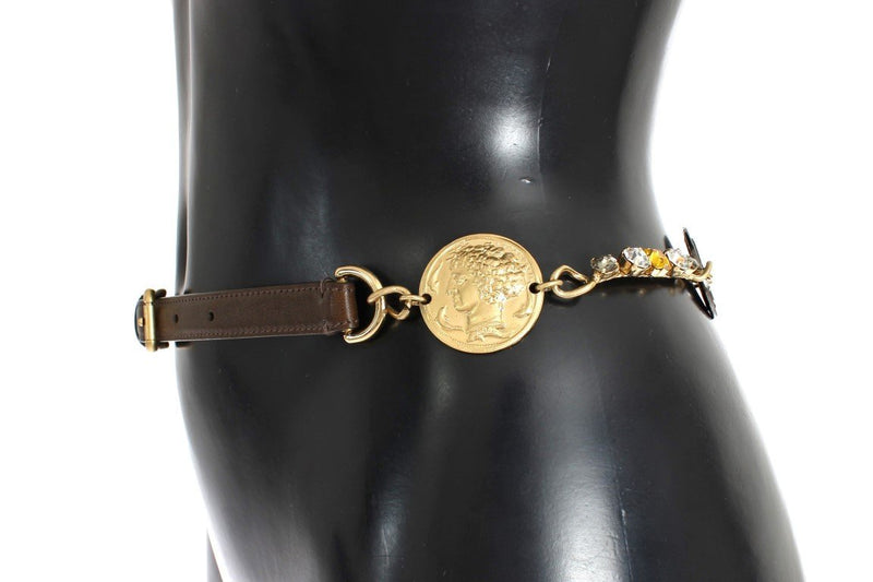 Brown Leather Roman Crystal Waist Belt