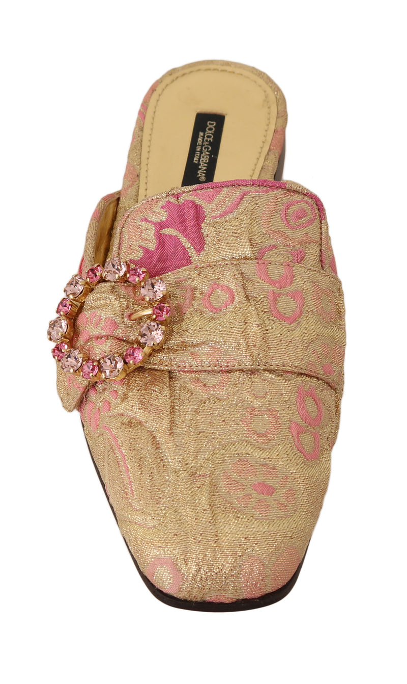 Gold Pink Brocade Crystal Floral Mules