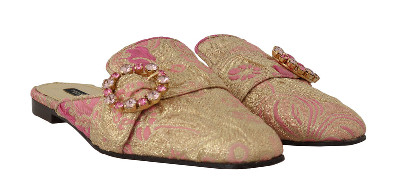 Gold Pink Brocade Crystal Floral Mules