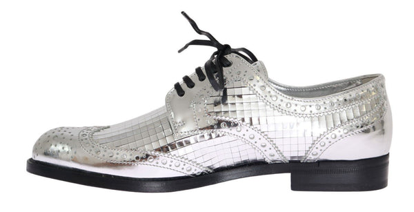 Silver Leather Oxford Broques Flat Shoes