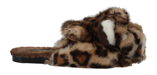 Beige Soft Fur Leopard Mules Slippers